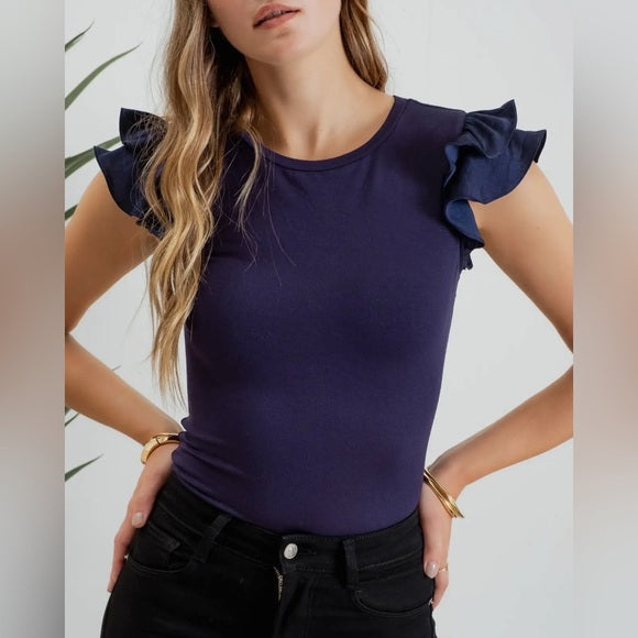 NAVY FLUTTER SLEEVE TOP